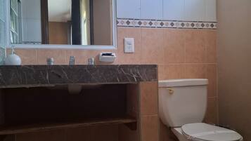 A bathroom with a marble countertop, a sink, a toilet, and a mirror.