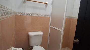 Un baño con inodoro, un cubo de basura, una toalla y una puerta de ducha.