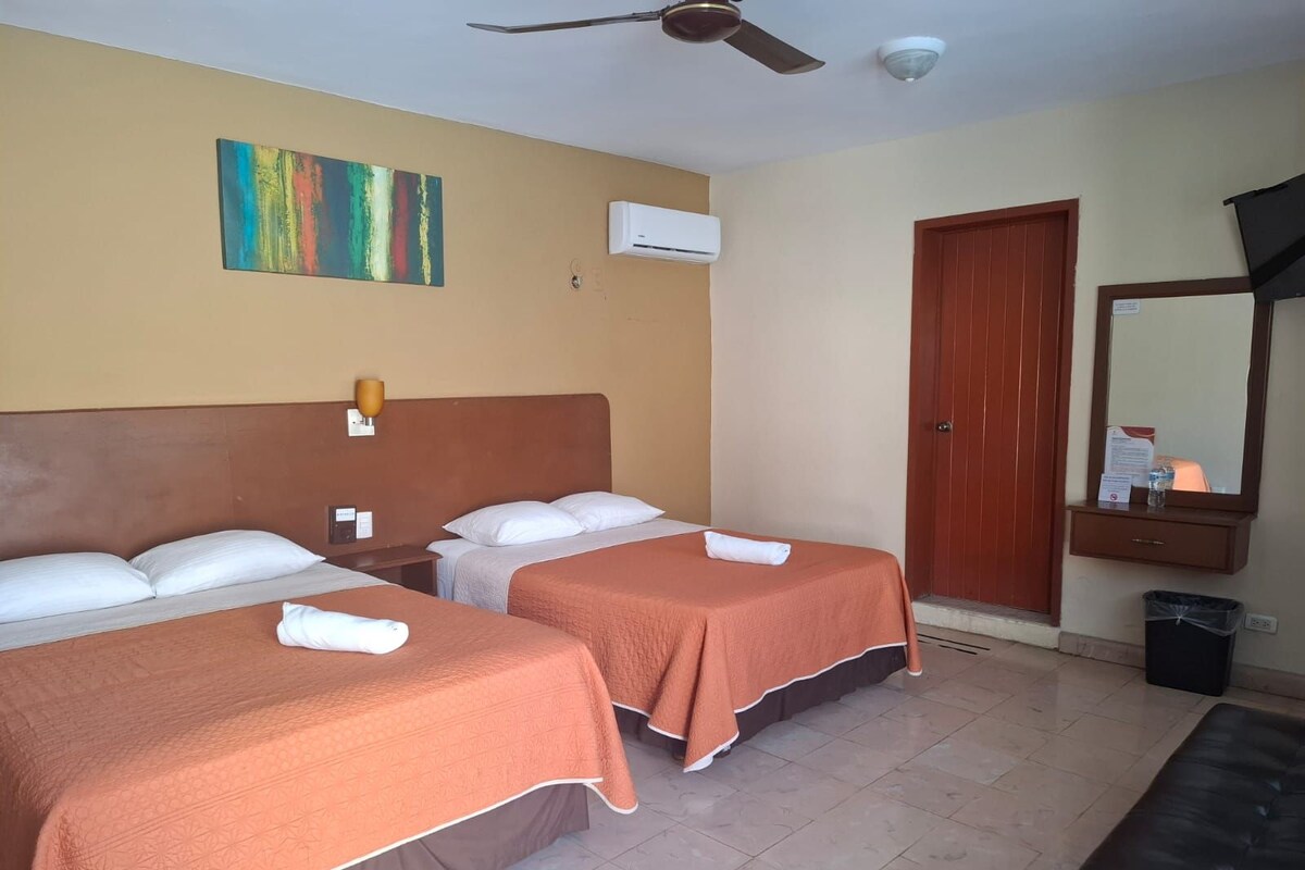 A hotel room with two beds, a ceiling fan, an air conditioning unit, a wooden door, and a mirror.