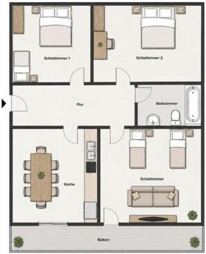 A hotel floor plan with two bedrooms, a bathroom, a kitchen, a dining area, and a balcony.