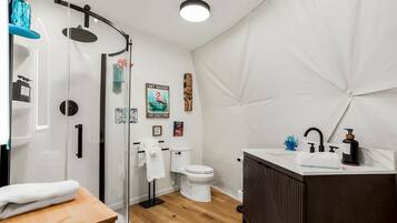 A modern bathroom with a glass shower enclosure, a toilet, and a sink area.
