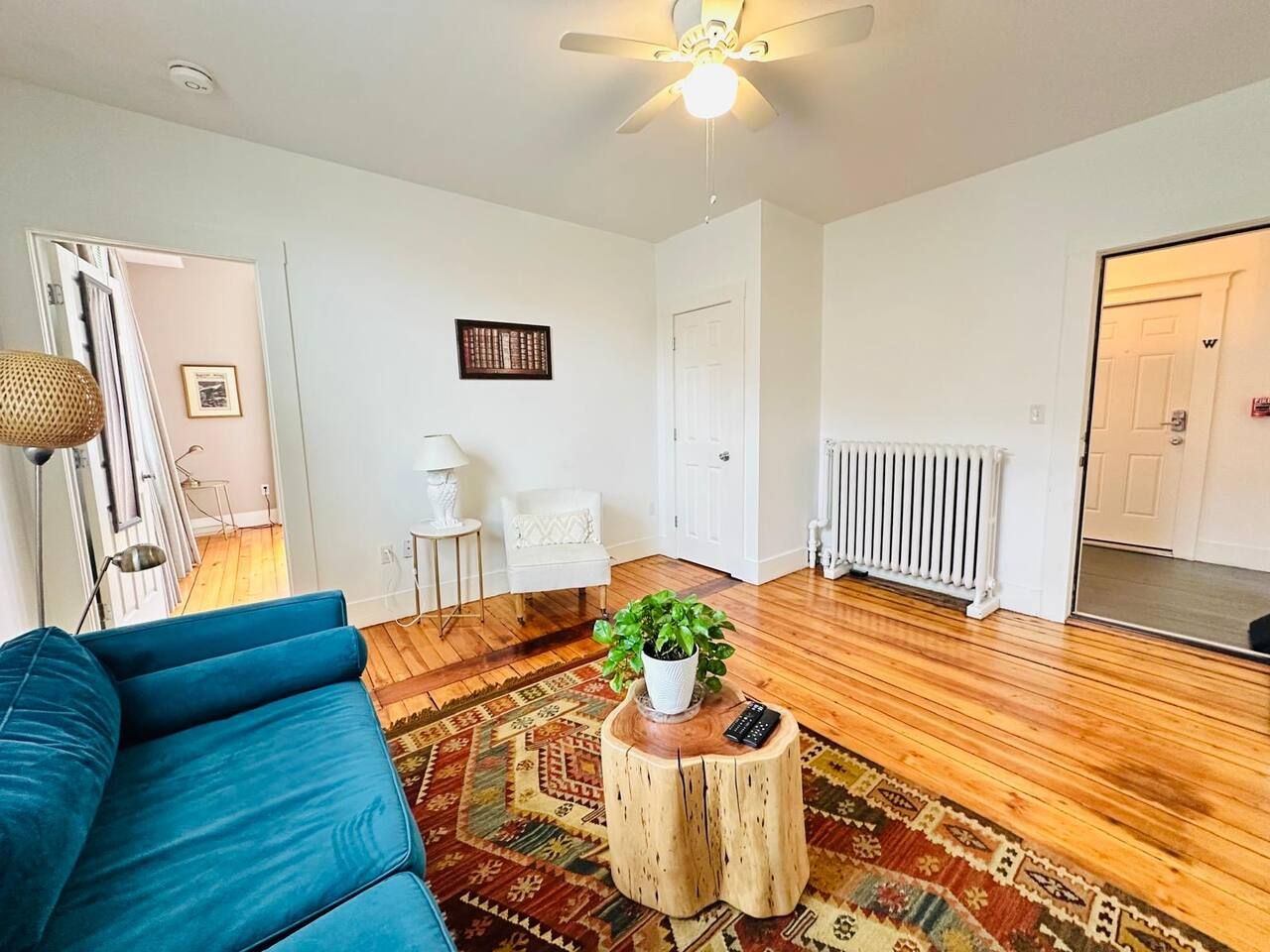 Un salon avec un canapé bleu, une table basse en bois ornée d’une plante, un tapis à motifs et un ventilateur de plafond.