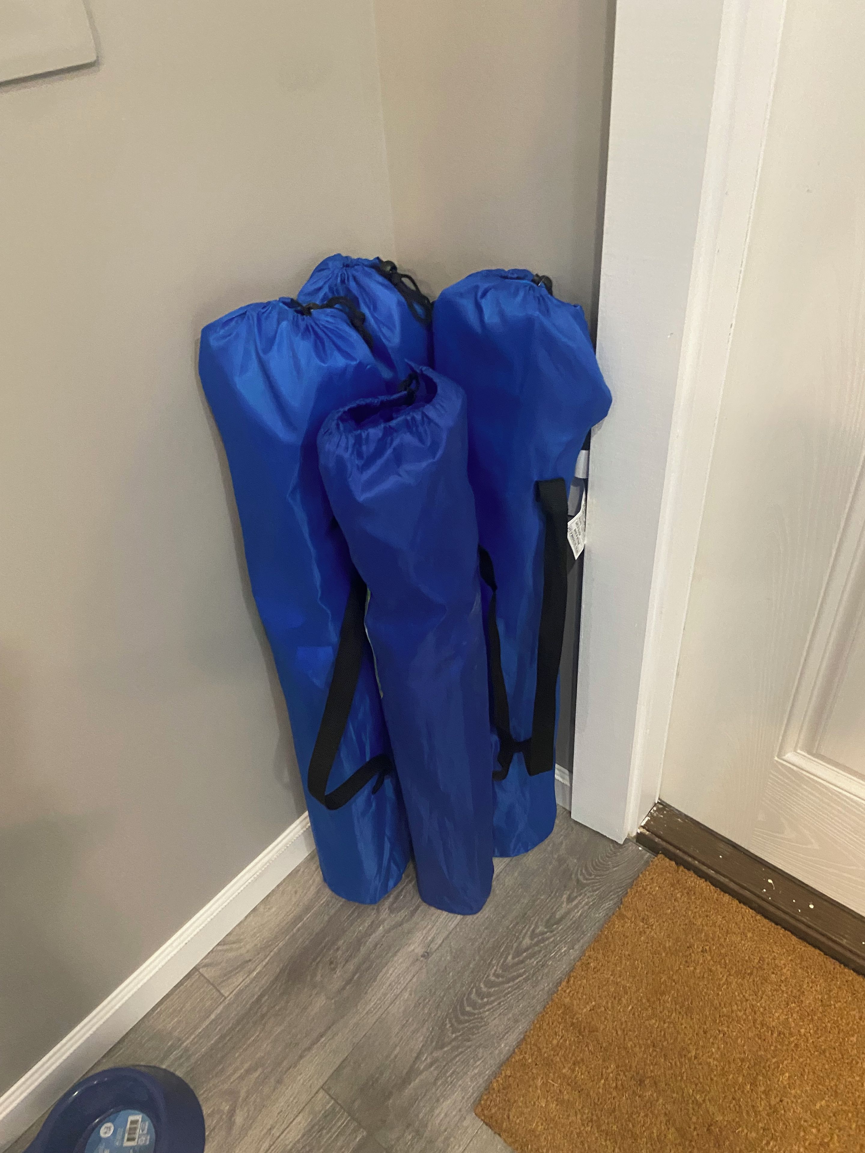 A corner of a room with a grey wall and a wooden floor. There are two blue bags hanging on the wall.