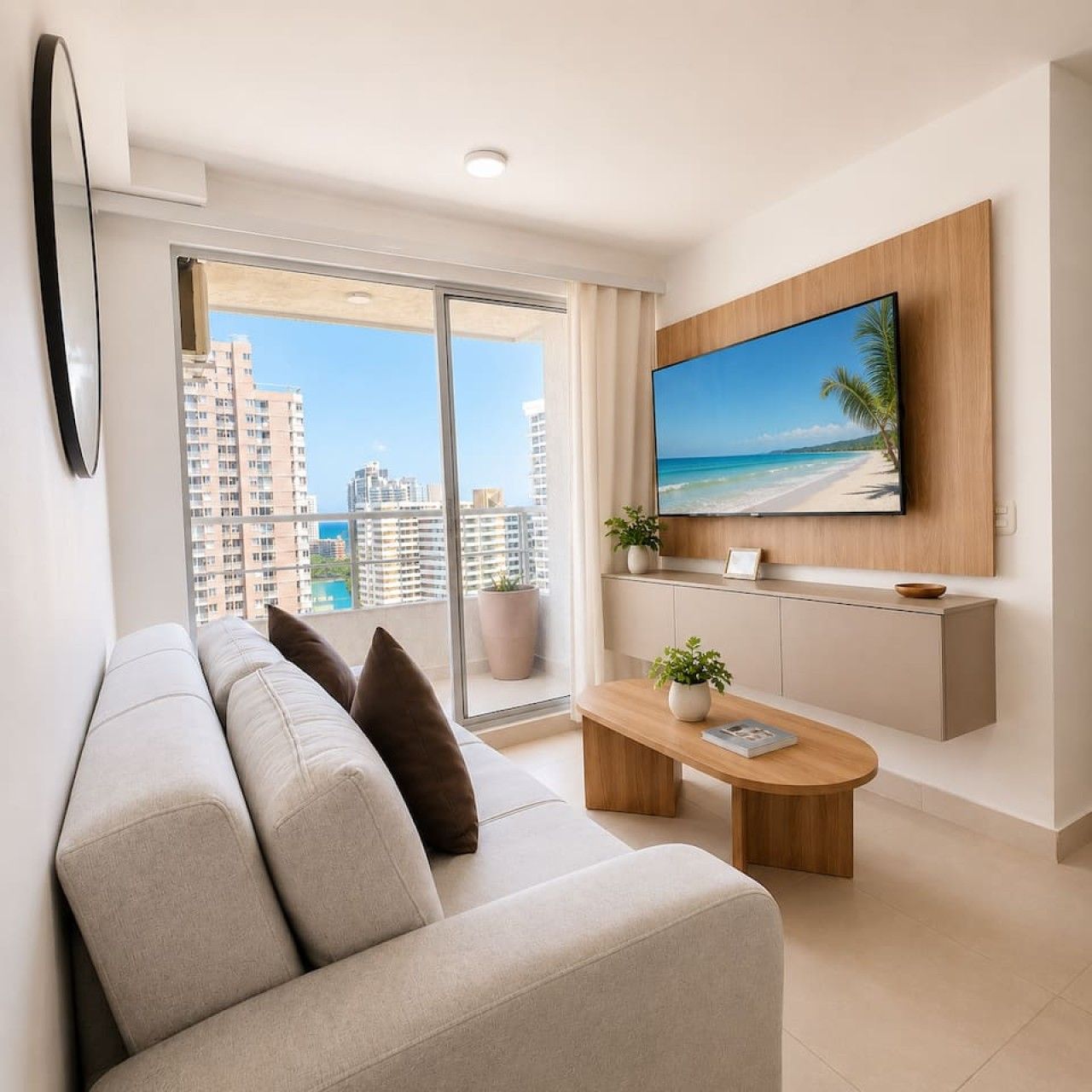 A modern living room with a sofa, a coffee table, and a TV mounted on the wall.
