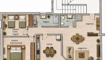 Indeling van een hotelkamer met een tweepersoonsbed, een eenpersoonsbed, een keuken, een eethoek, een badkamer en een zithoek.