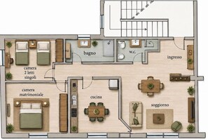 Ein Hotelzimmer mit Doppelbett, Einzelbett, Küche, Essbereich, Bad und Wohnzimmer.