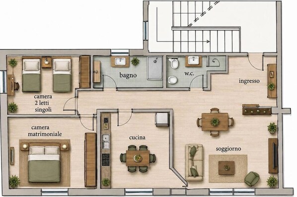 Distribución de una habitación de hotel con cama doble, cama individual, cocina, comedor, baño y sala de estar.