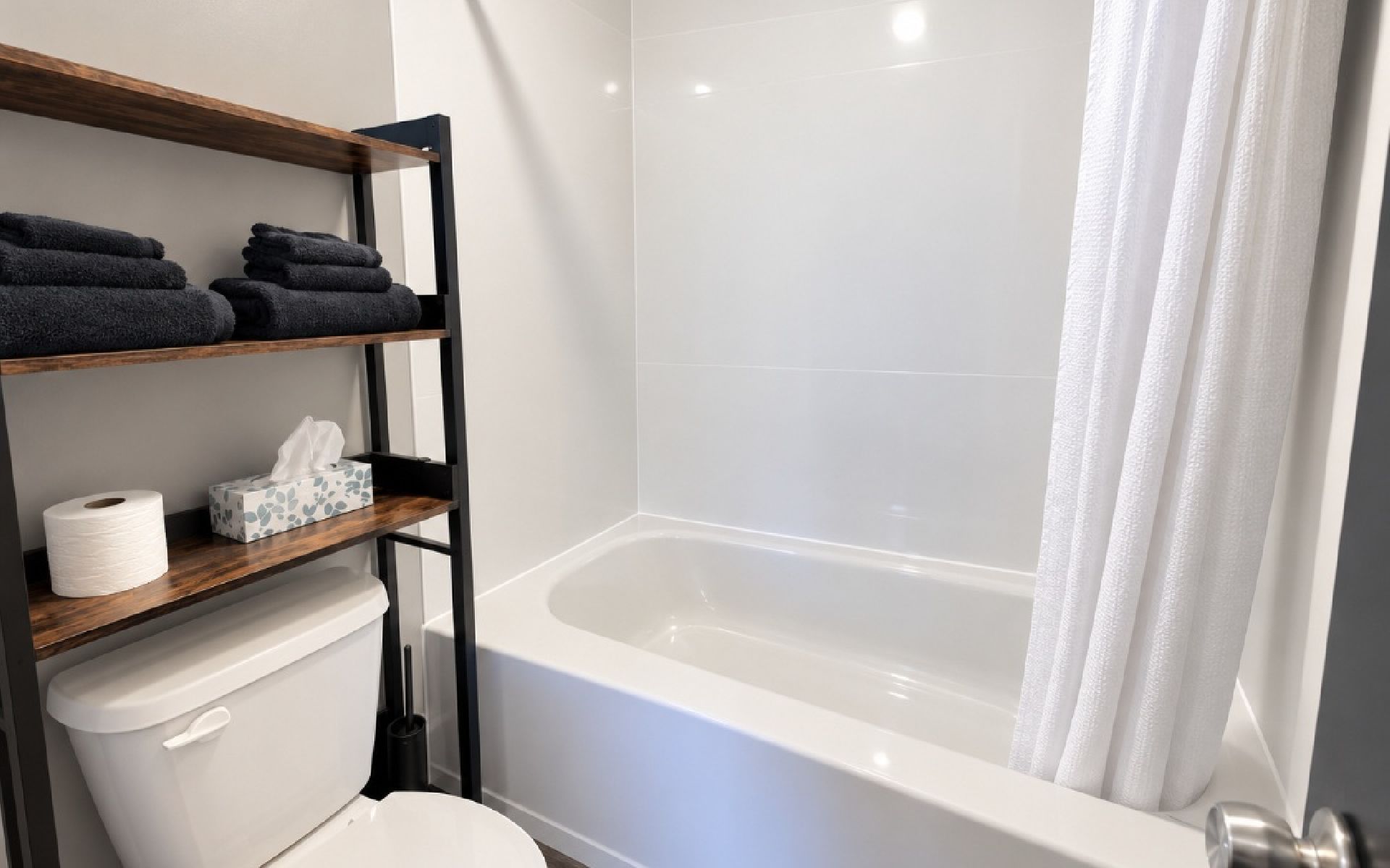 Ein Badezimmer mit einer weißen Badewanne, einer Toilette, einem Handtuchregal und einer Toilettenpapierrolle.