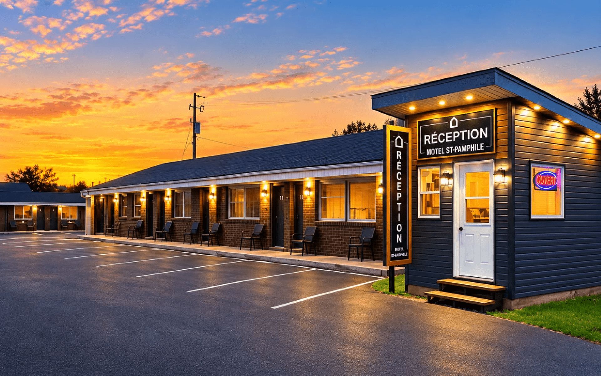 A motel reception with a covered parking area.