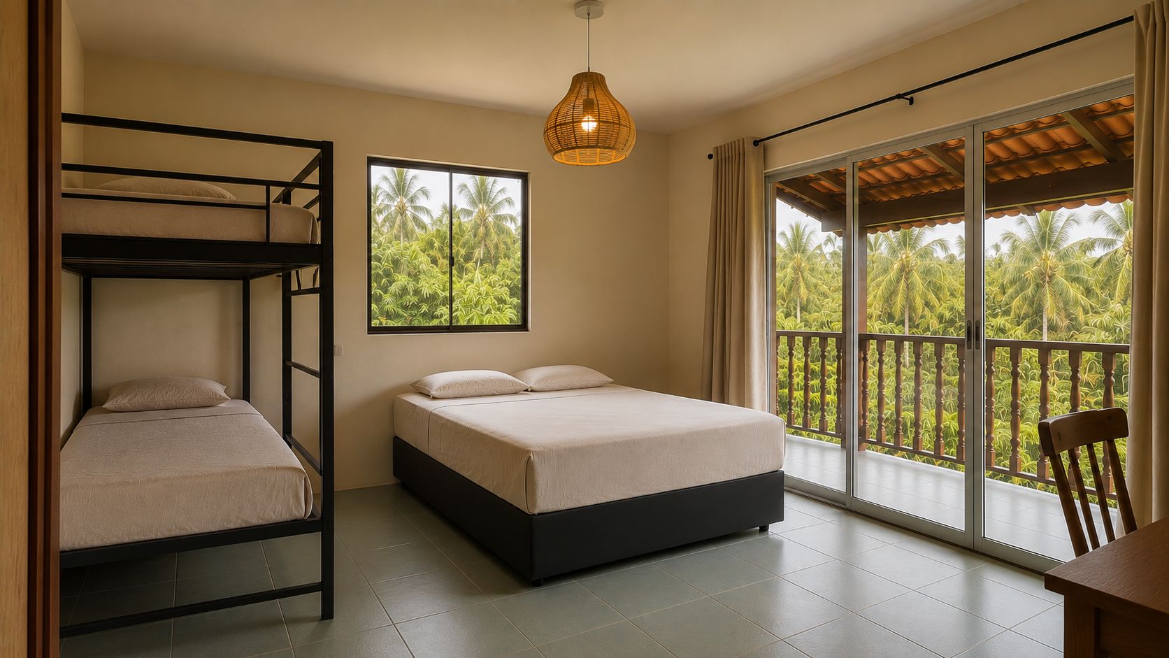 Un dormitorio con literas, una cama individual, una ventana con vistas a palmeras y una lámpara colgante.