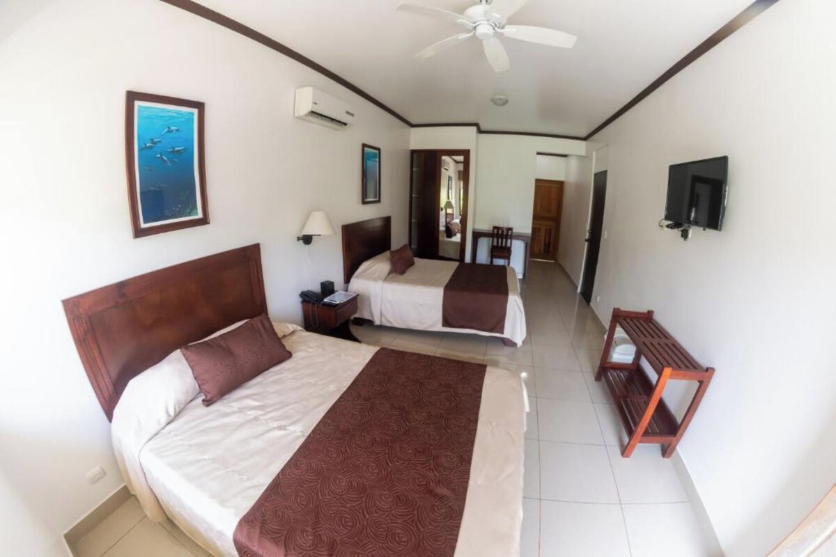 A hotel room with two beds, a ceiling fan, an air conditioning unit, a TV, and a painting on the wall.