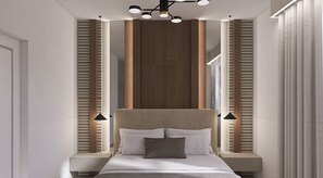 Une chambre moderne avec un lit central, un lambris en bois et des luminaires suspendus.