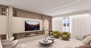 A modern living room with a flat-screen TV, a fireplace, and a sofa. - Brand New 8BR | Disney-Themed Home (Clermont)