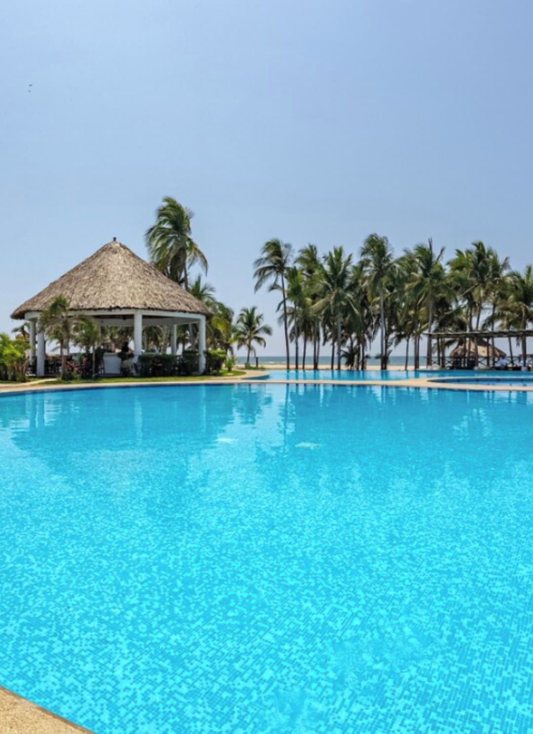 Une piscine d’eau cristalline, avec un pavillon à toit de chaume et des palmiers en arrière-plan.
