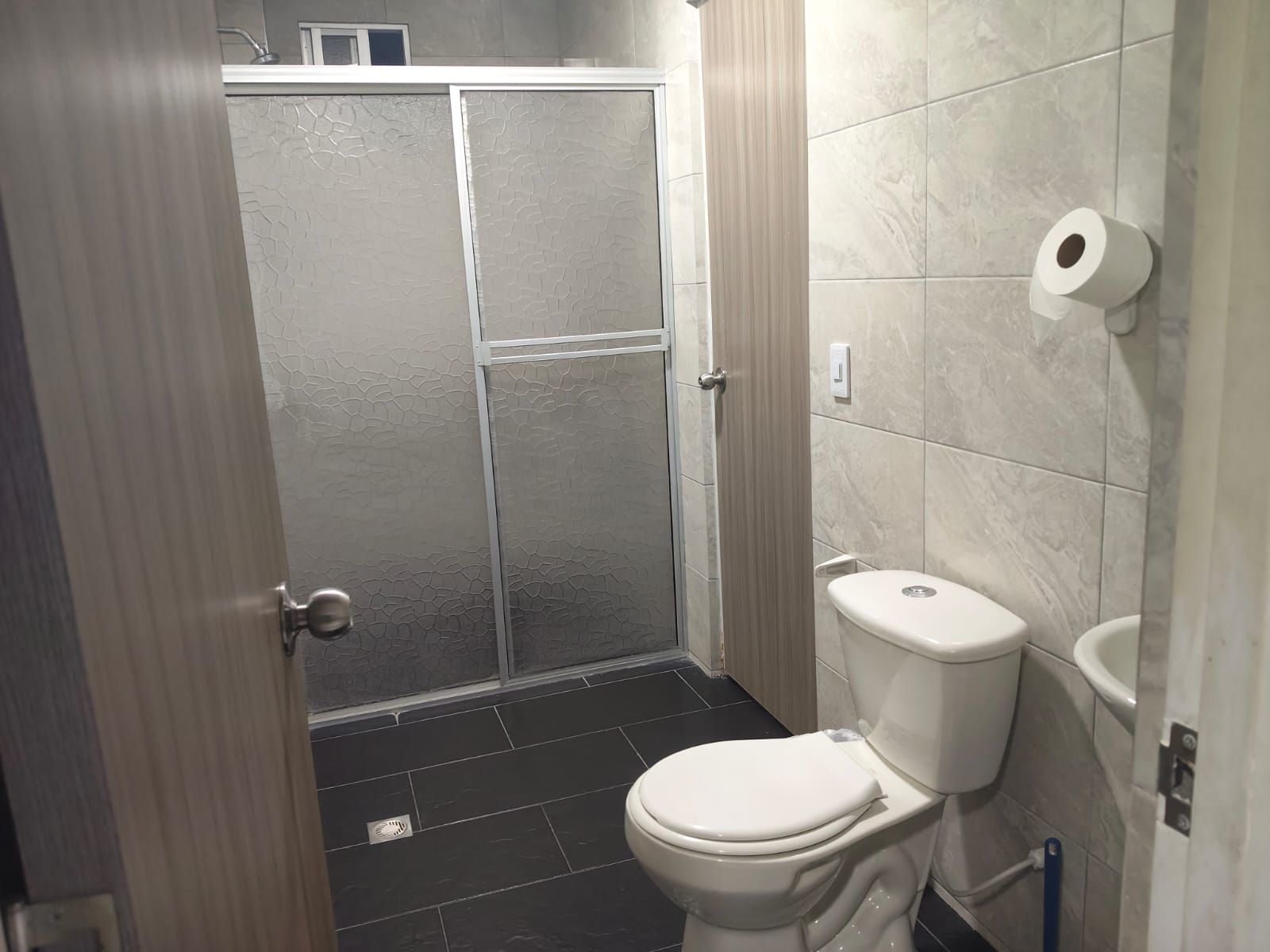 A bathroom with a toilet, a shower enclosure, and a toilet paper holder.