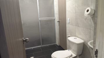 A bathroom with a toilet, a shower enclosure, and a toilet paper holder.