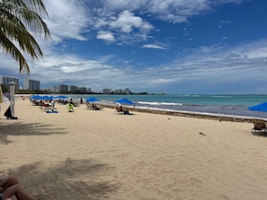 A beach with umbrellas, lounge chairs, and a palm tree. - The best view in Isla Verde (Carolina)