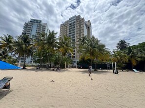 Una spiaggia con palme, una zona sabbiosa e un edificio alto sullo sfondo.