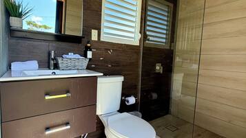 Ein modernes Badezimmer mit Holzboden, Toilette in Weiß, Waschbecken mit Spiegel und einer Duschkabine.