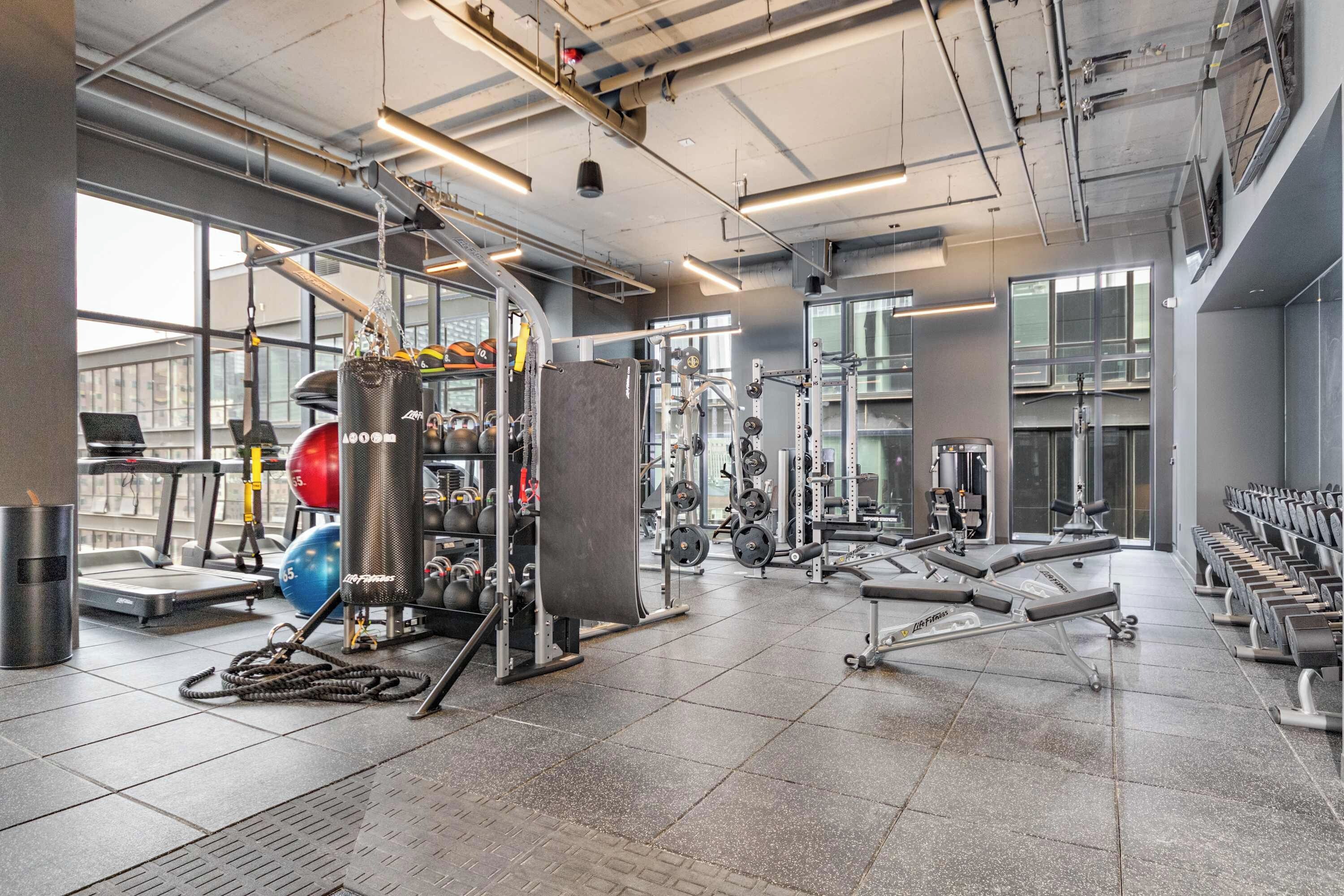 Uma academia com diversos equipamentos de exercício, incluindo esteiras, aparelhos de musculação e pesos livres.