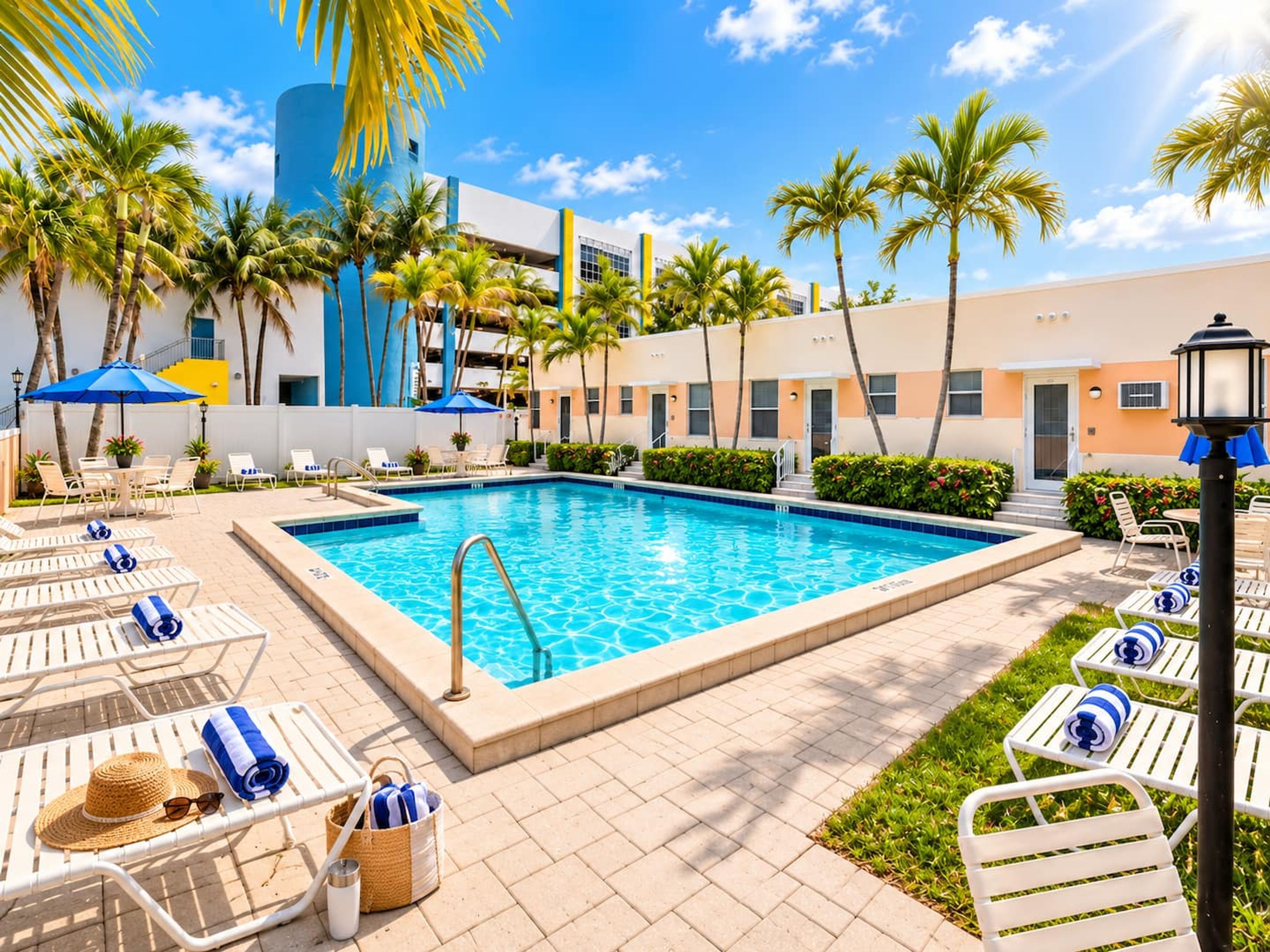 Una piscina con sillones de descanso y sombrillas, rodeada de palmeras y un edificio de fachada azul y amarilla.