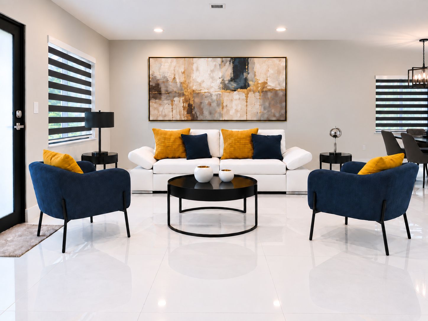 A modern living room with a white sofa, two blue armchairs, a black coffee table, and a large abstract painting on the wall.