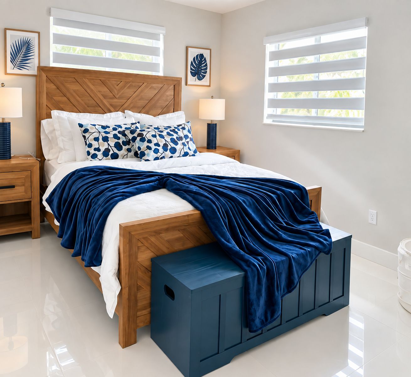 Un dormitorio con una cama de madera, ropa de cama blanca, un plaid azul y dos mesitas de noche con lámparas.
