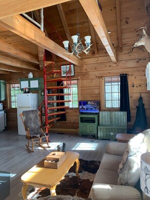 Interno di una baita in legno con soffitto in legno, una scala a chiocciola, una televisione, un divano e un tappeto in pelle di vacca.