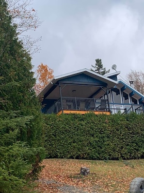 A house with a covered porch, a satellite dish, and a well-maintained hedge.