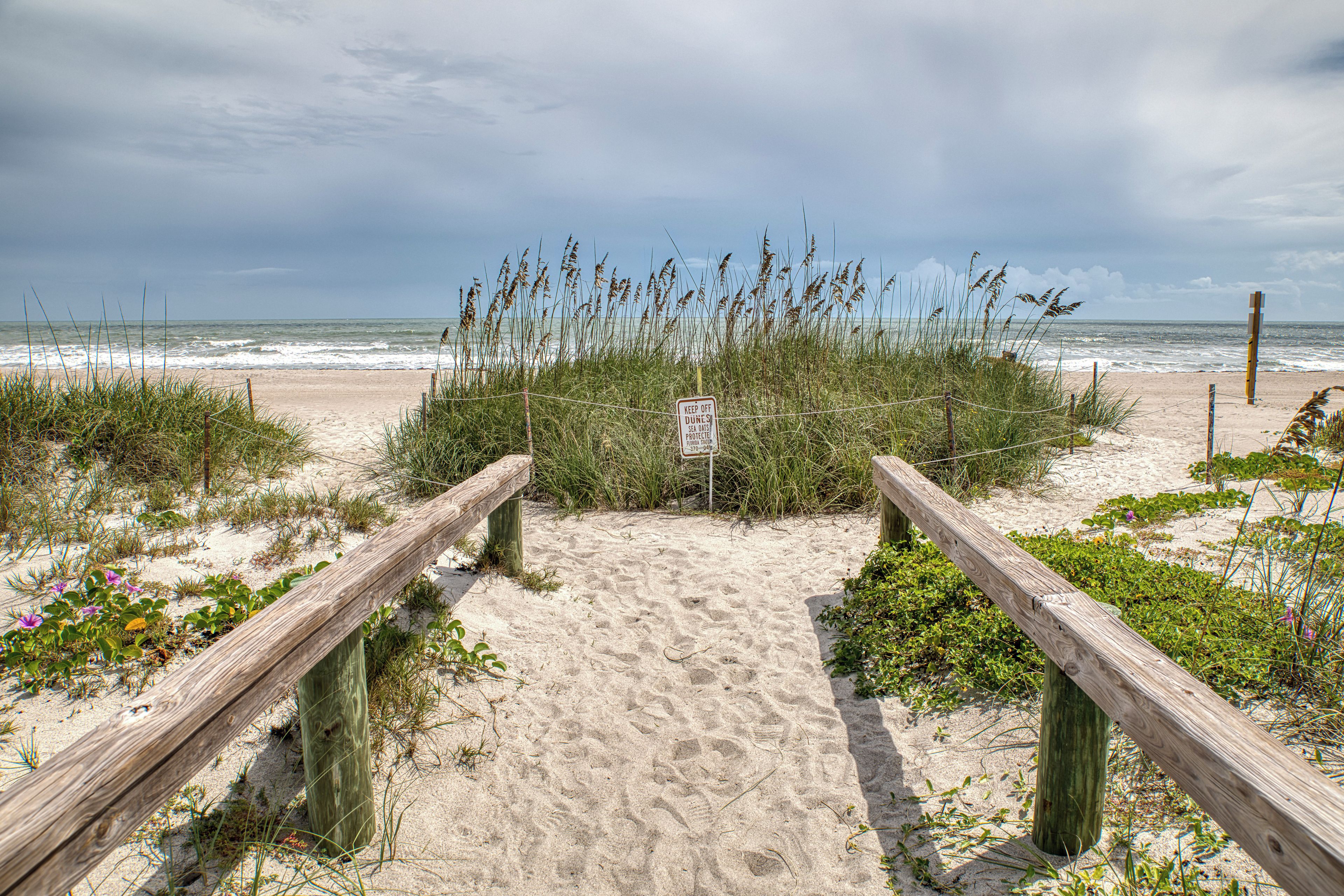 Un sentier de plage sablonneux, bordé de rambardes en bois, mène à l’océan, et l’ensemble est entouré de végétation. Un panneau d’avertissement est également présent.