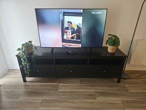 A television on a black entertainment center with a plant beside it. - Spacious 2 Bed 2 Bath City Apt with Free Parking (Birmingham)