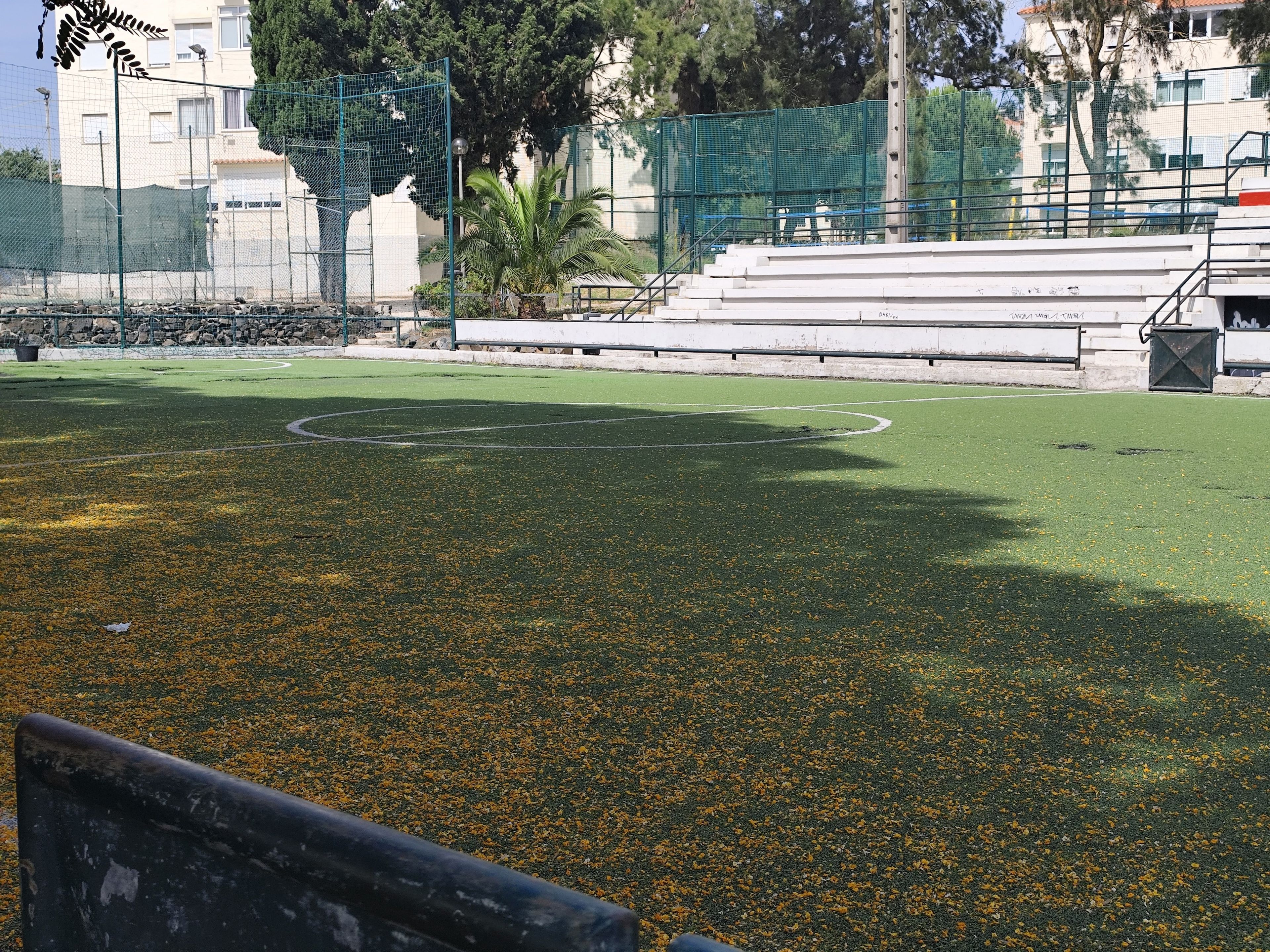 Un campo deportivo con un arco, una estatua y un área cercada.