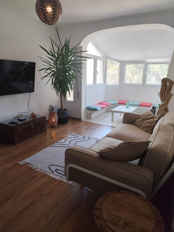 A modern living room with a sofa, a television, a potted plant, and a seating area with cushions.