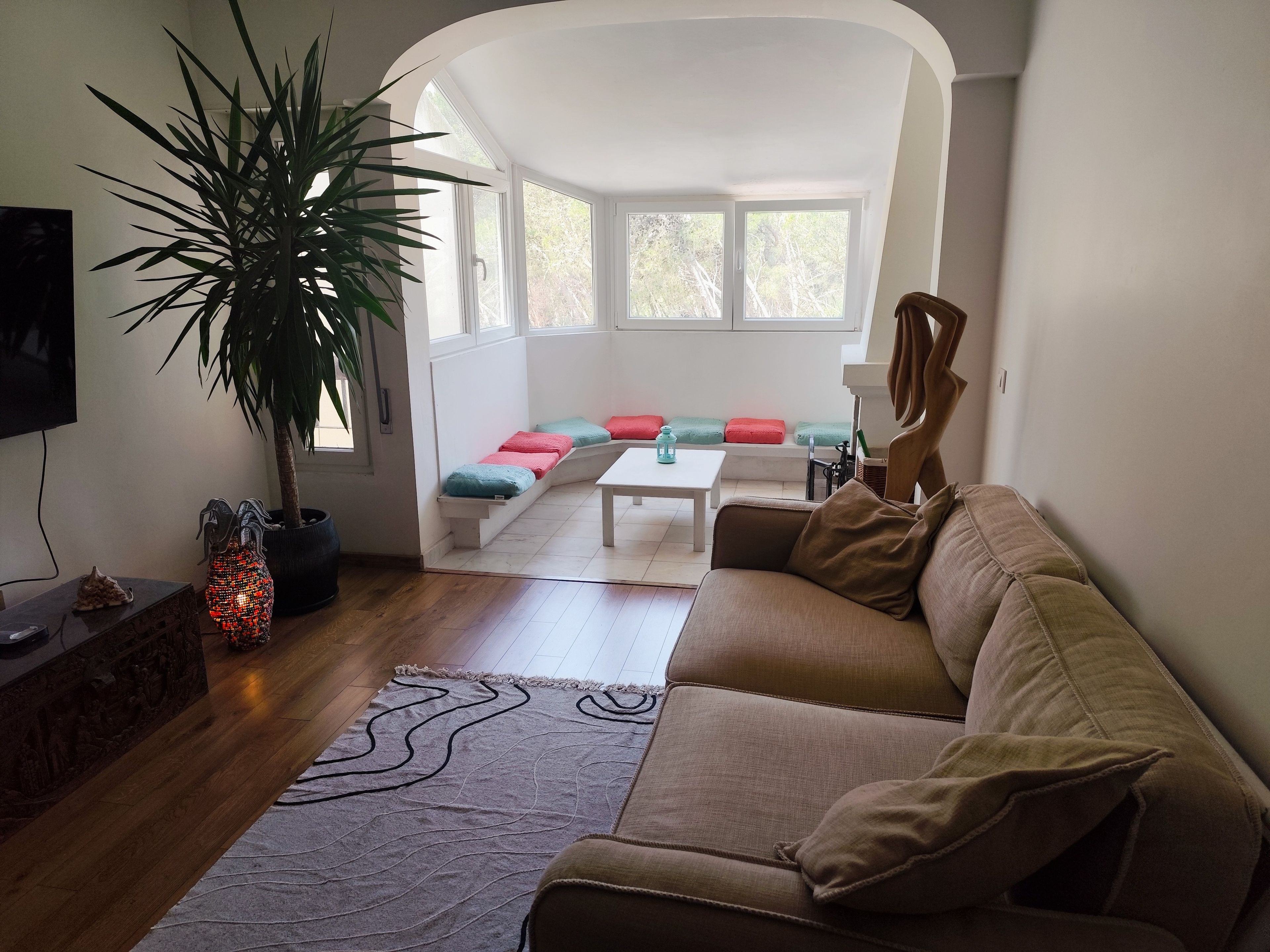 Una sala de estar con un sofá, una mesa de centro, una planta y un televisor.