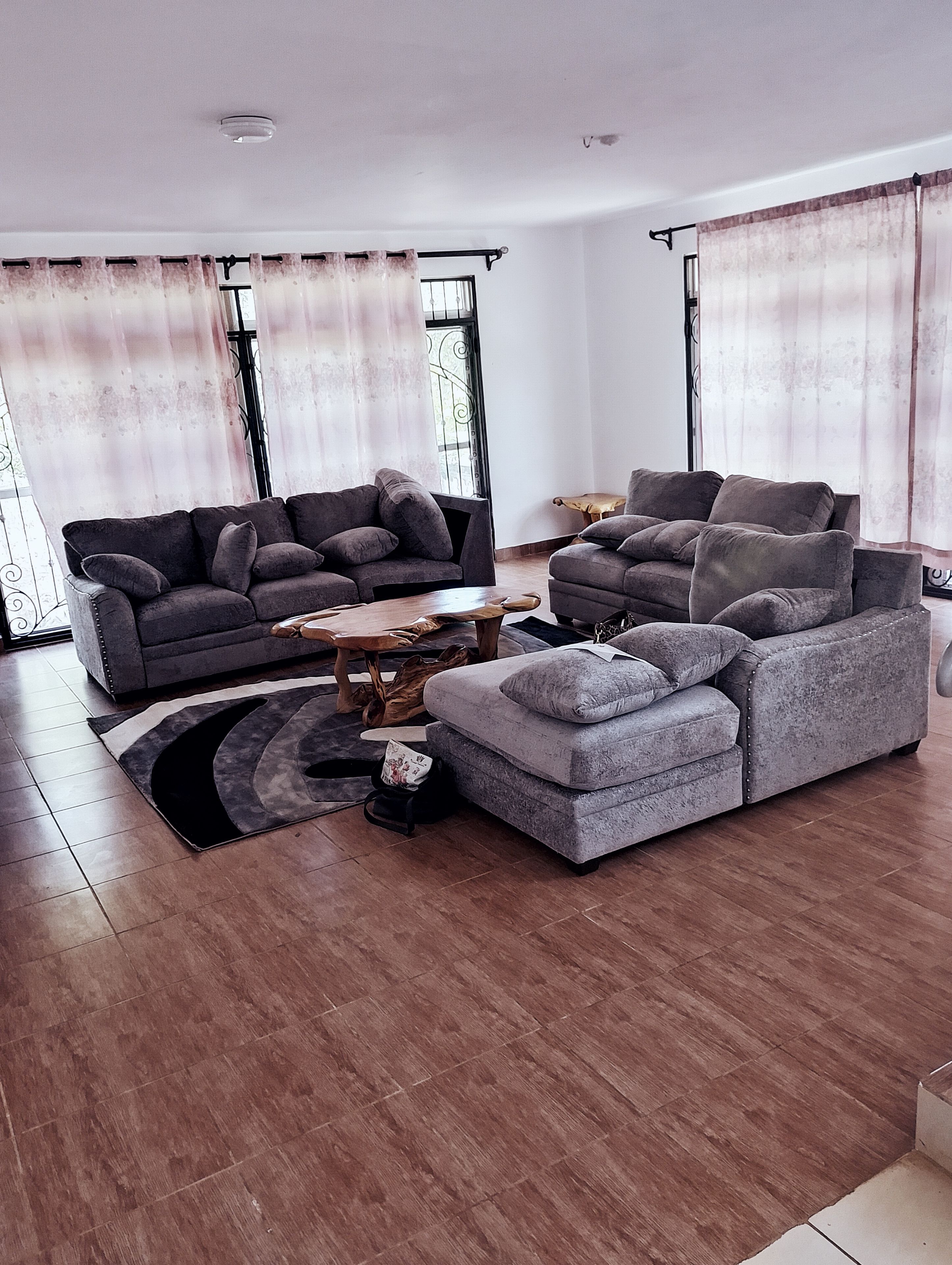 Un salon moderne avec un canapé gris, une table basse en bois et un tapis à motifs.