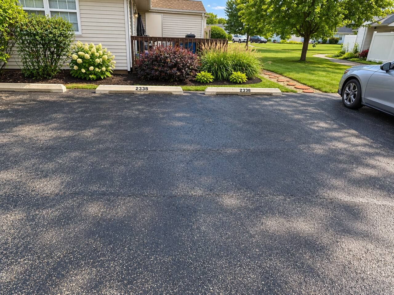Ein Wohndriveway mit einer Garagenummer 2338, umgeben von gepflegter Bepflanzung und einem parkenden Auto.