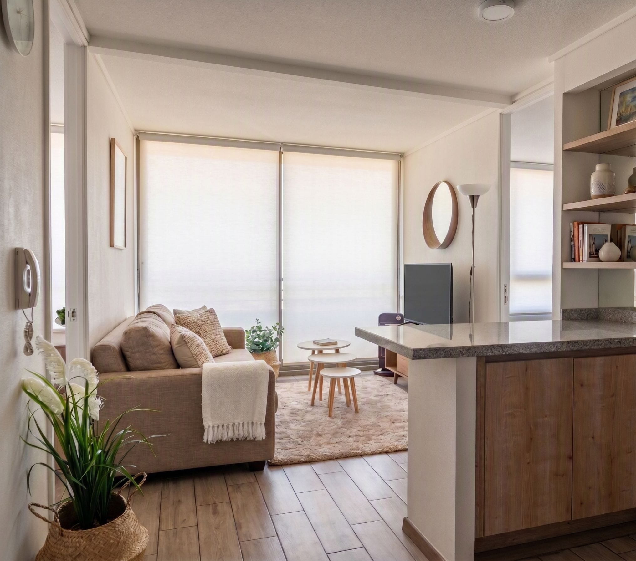 Una sala de estar moderna con un sofá, una mesa de centro y un televisor. Hay una zona de cocina con mostrador y armarios.