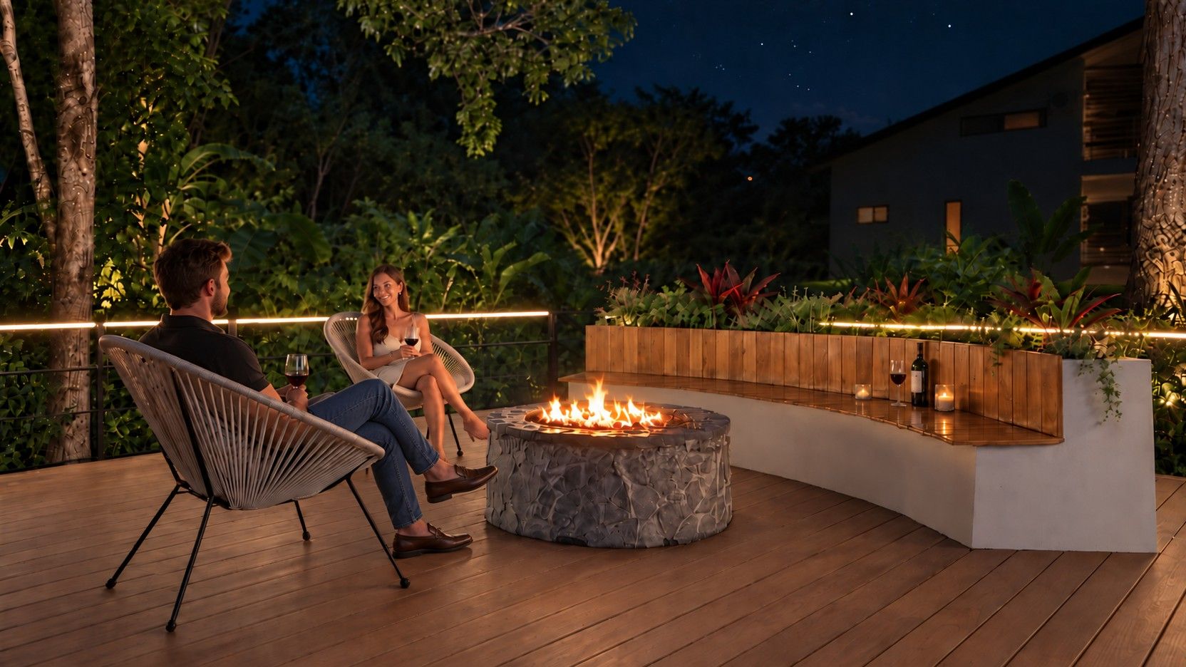 A deck with a stone fire pit, seating, and a modern building in the background.