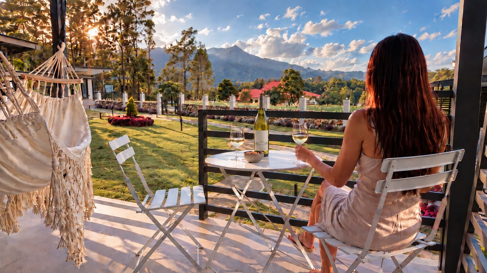 A person seated at a table with a wine bottle and glass, overlooking a garden with a mountain backdrop.