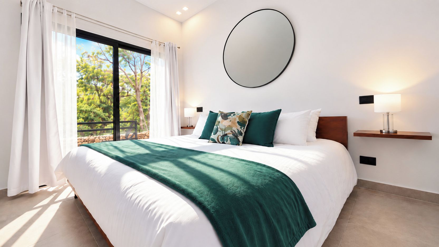 A modern bedroom with a large bed, a view of greenery outside, a round mirror, and a bedside table with a lamp.