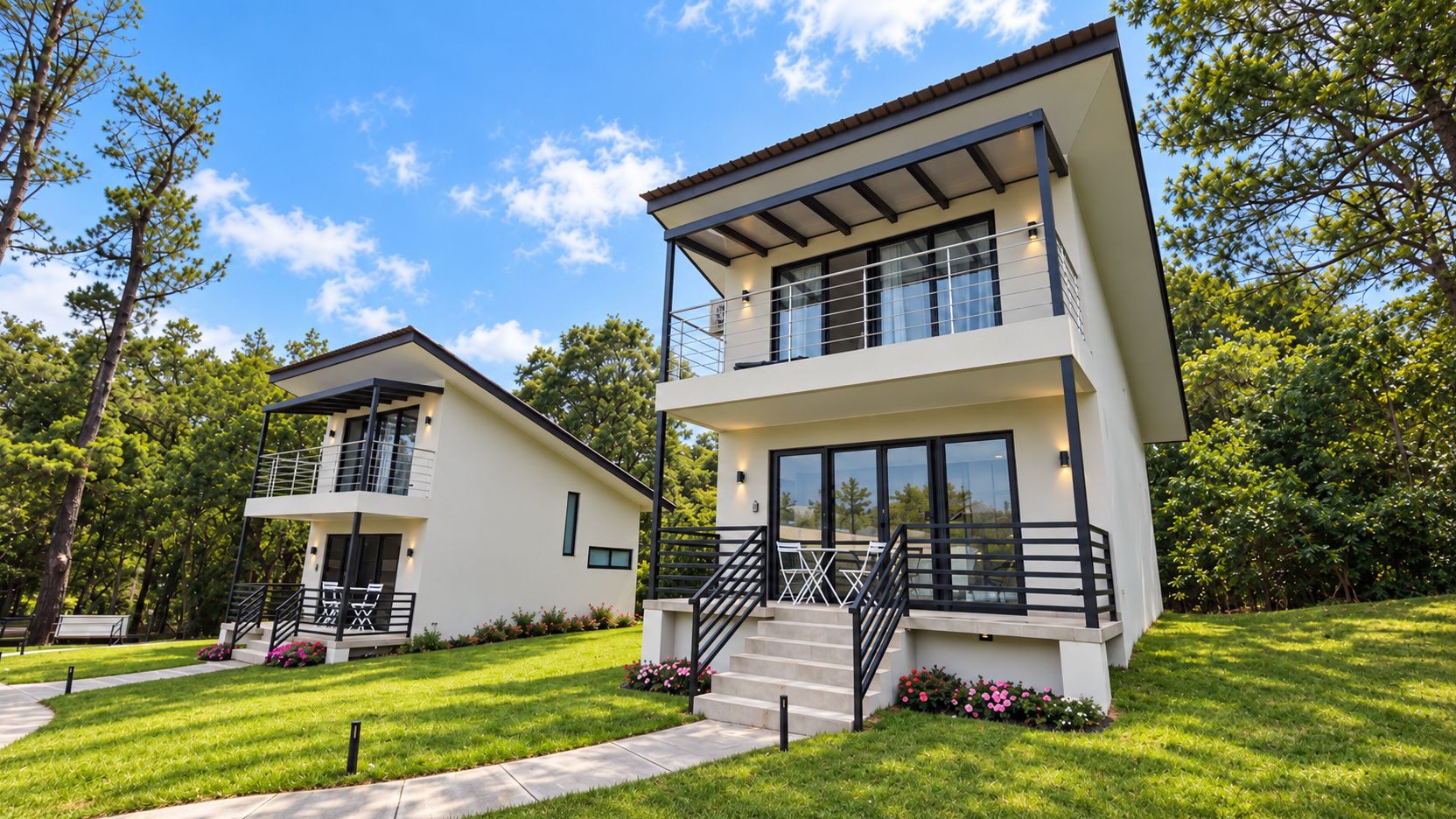 A modern two-story house with a balcony, a staircase, and a well-maintained lawn.