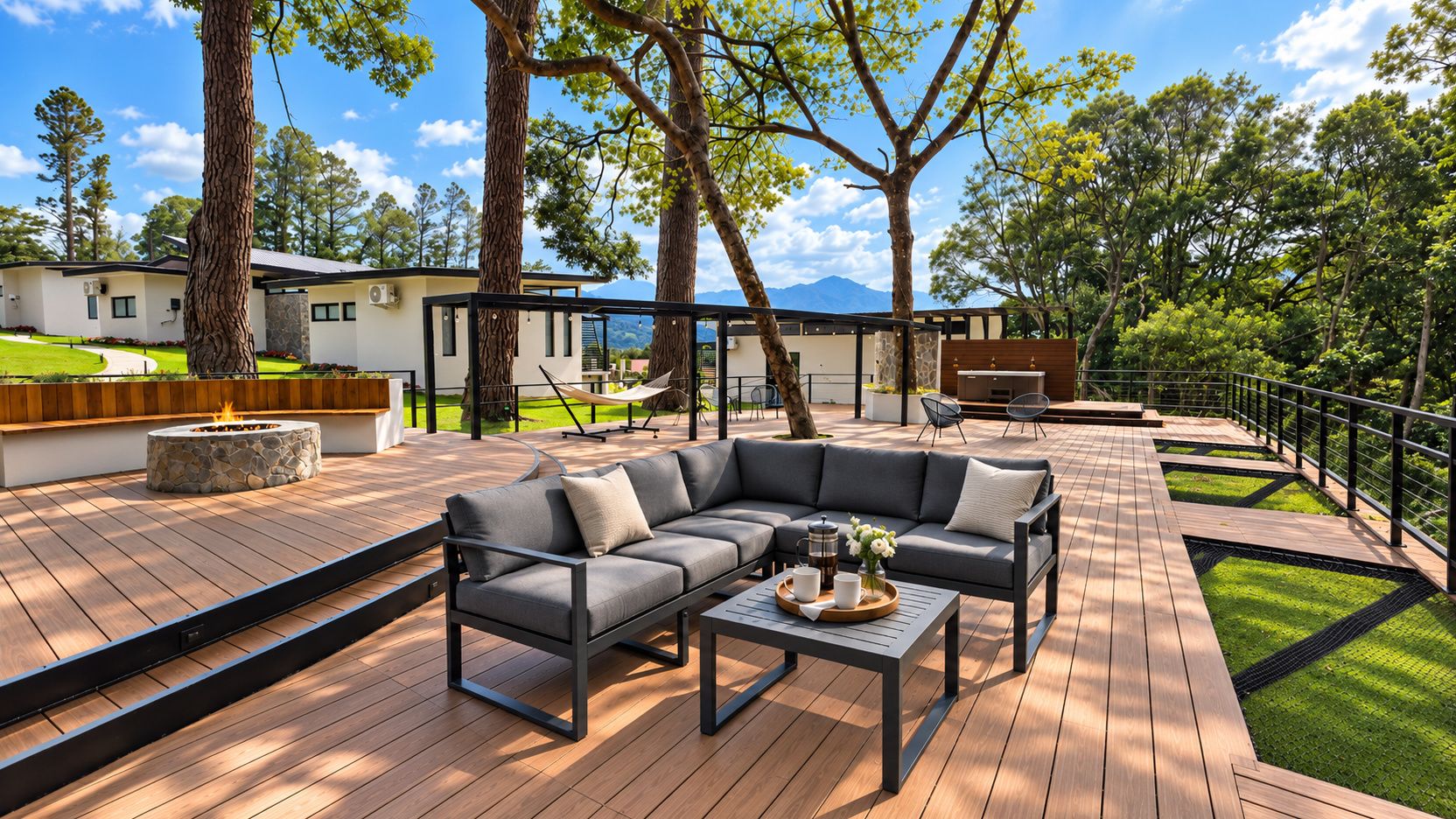 Une terrasse extérieure moderne avec un canapé modulable, une table basse et un foyer.