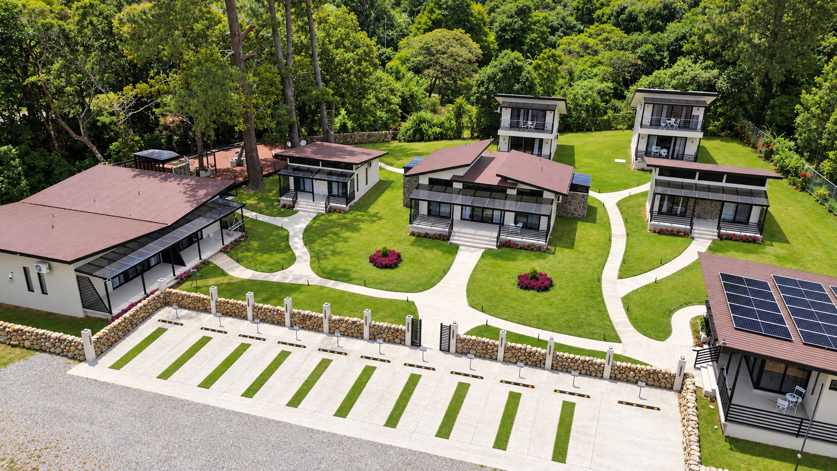 A modern residential complex with multiple two-story houses, a central courtyard, and a parking area.