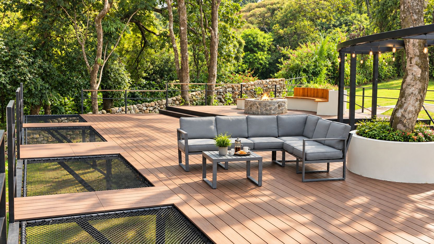 A deck with a sectional sofa, a coffee table, and a fire pit.