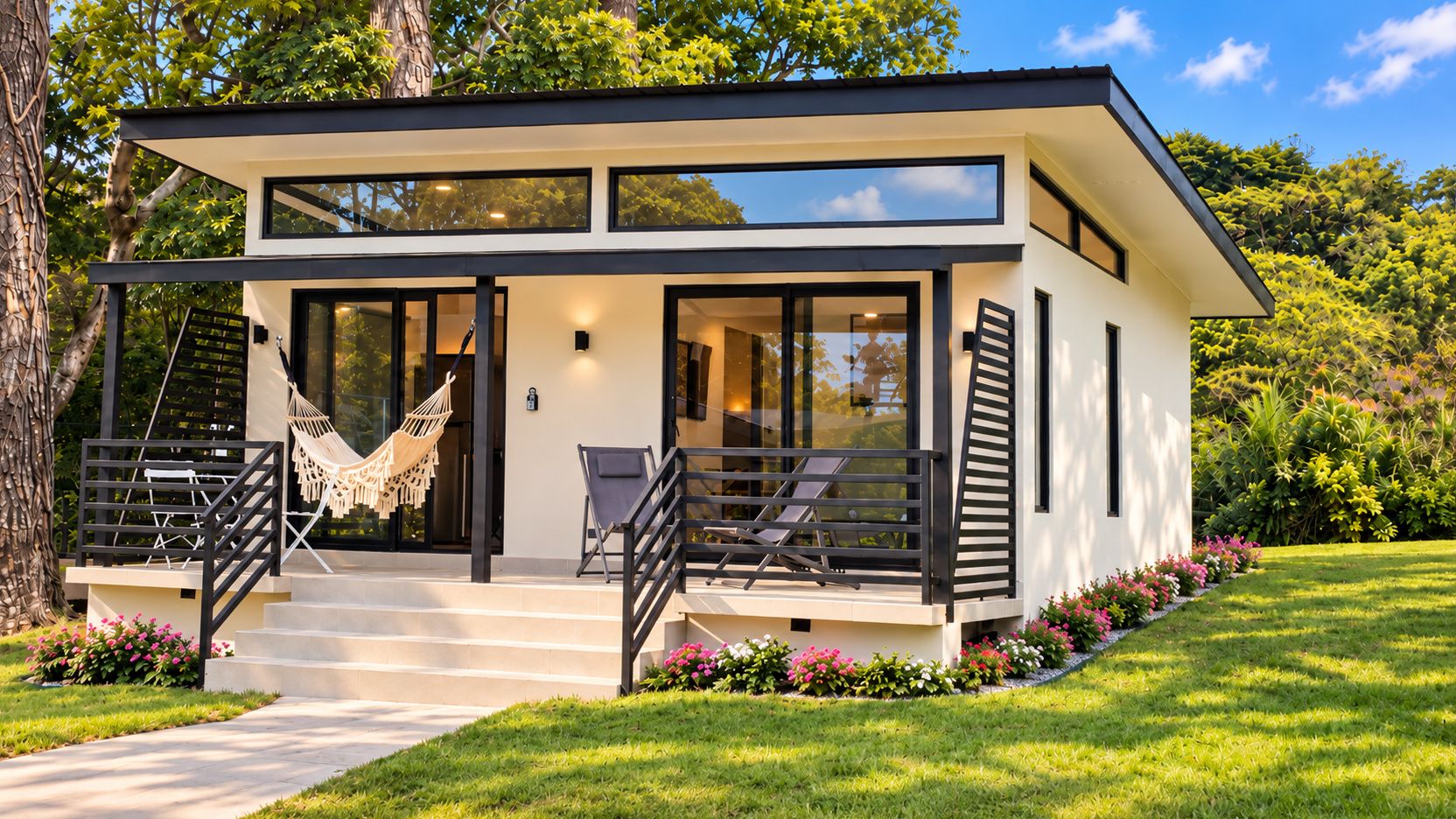 A modern two-story house with a balcony, a hammock, and a garden.