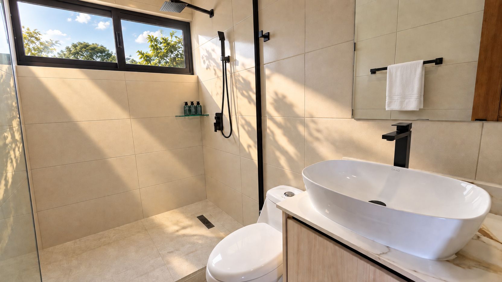 A modern bathroom with a large white vessel sink, a shower with a handheld showerhead, and a toilet.