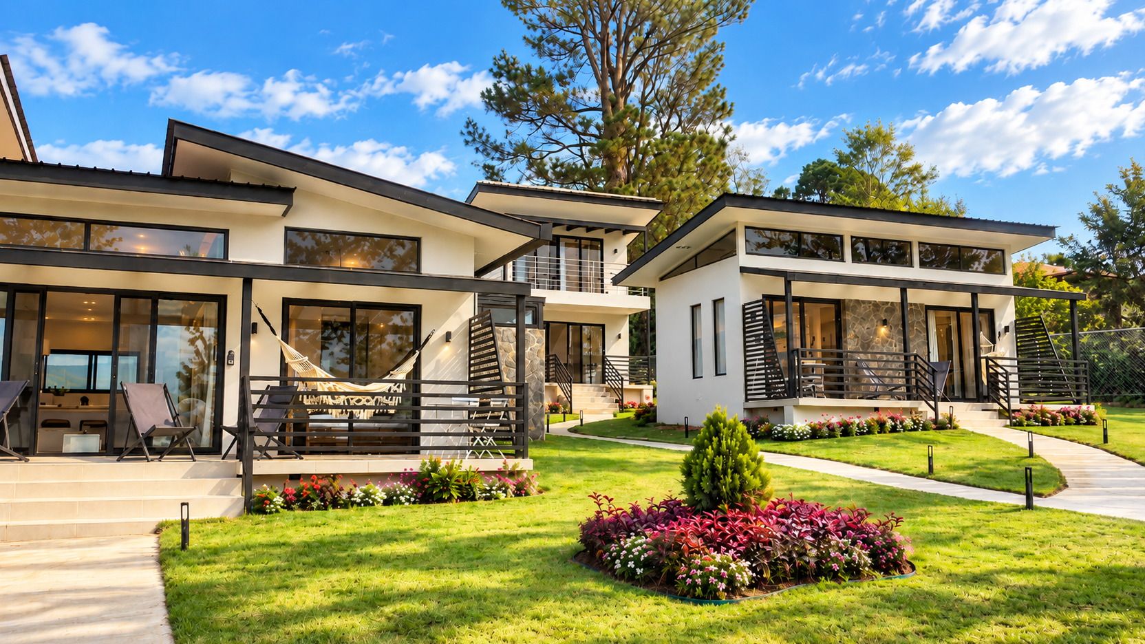 Ein modernes, zweistöckiges Haus mit Terrasse, Gartenmöbeln und einem gepflegten Rasen.