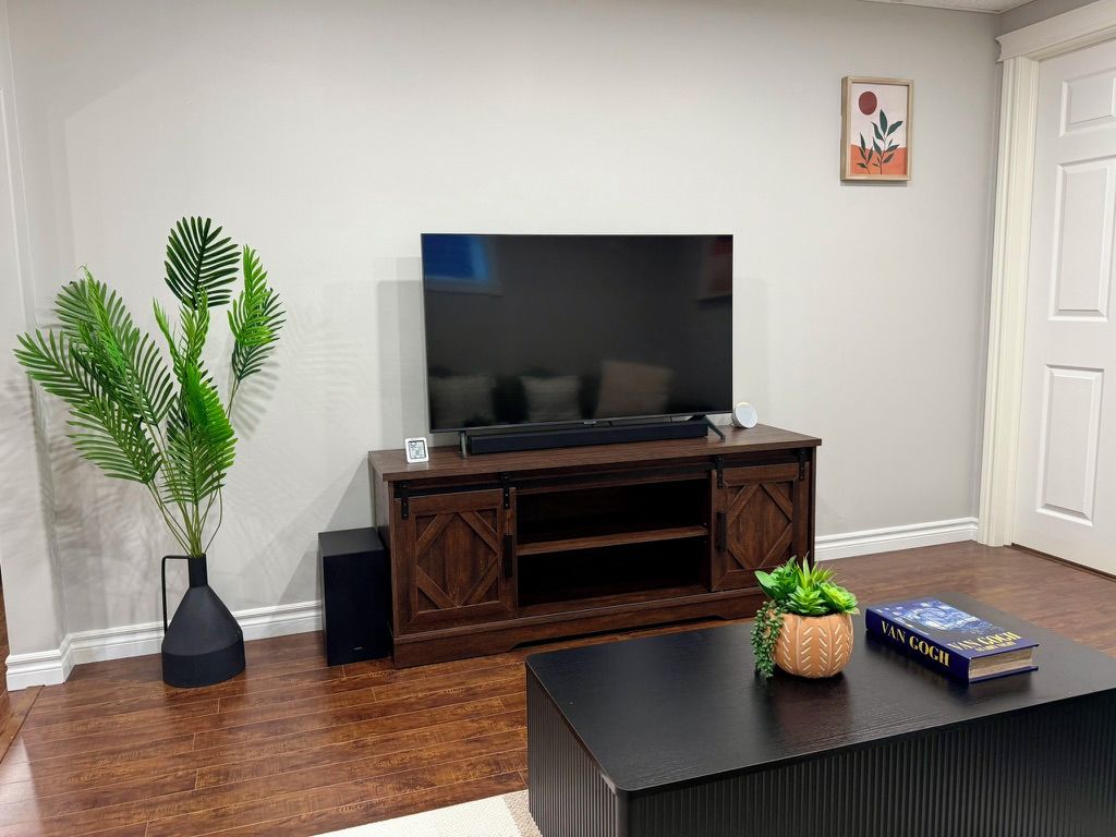 A living room with a flat-screen TV on a wooden entertainment unit, a black coffee table with a book and a plant, and a potted plant beside the unit.