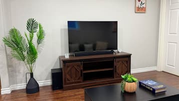 A living room with a flat-screen TV on a wooden entertainment unit, a black coffee table with a book and a plant, and a potted plant beside the unit.