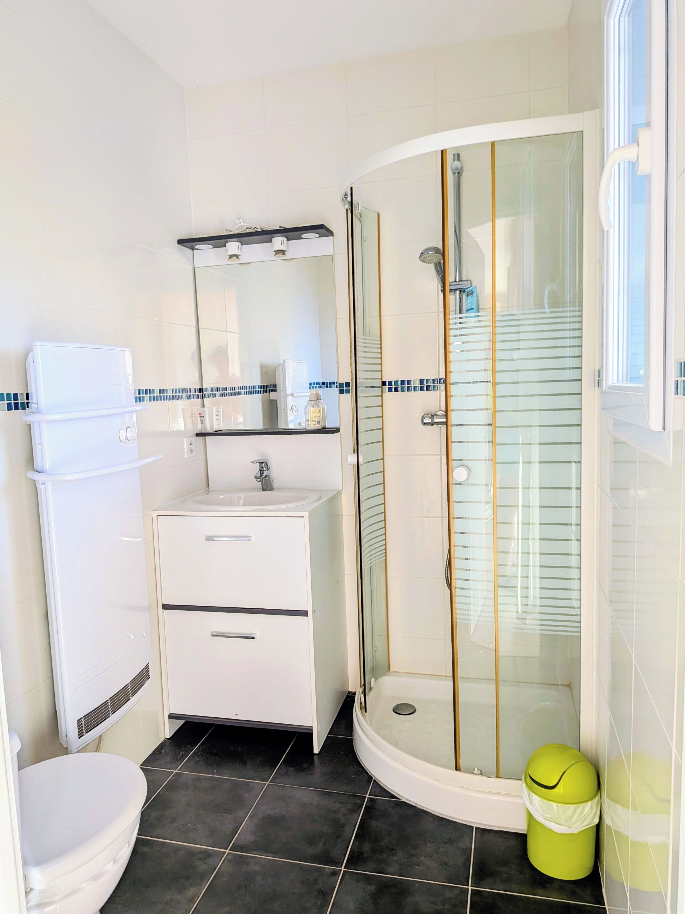 Een badkamer met toilet, wastafel, kastruimte en een douchecabine met glazen wanden.